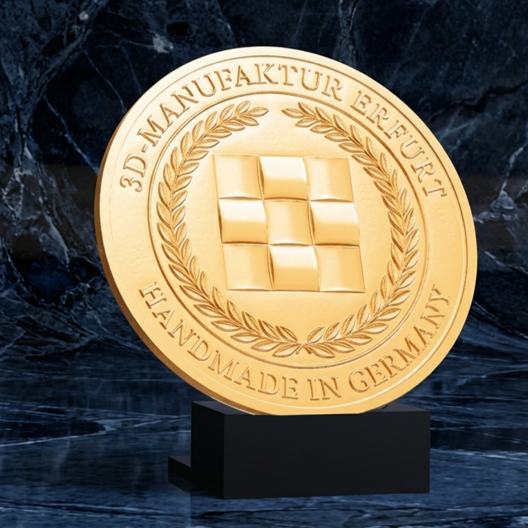 Medaillen-Rückseite mit Logo der 3D-Manufaktur Erfurt - Handmade in Germany