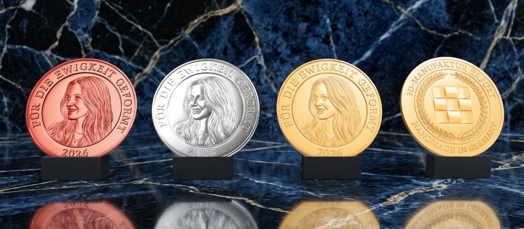 Exklusive 3D Portraitmedaille in Gold Silk - 3D-Manufaktur Erfurt